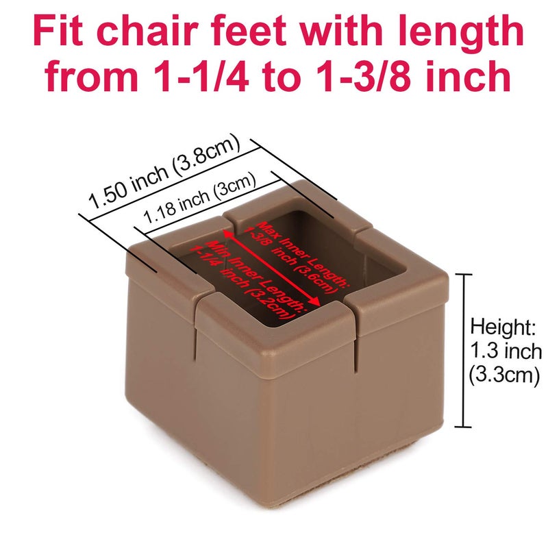 Anwenk Chair Leg Floor Protectors Square Furniture Leg Caps 1 1/4 to 1 3/8â€ with Felt Pads Brown (16 Pack) - Image 2